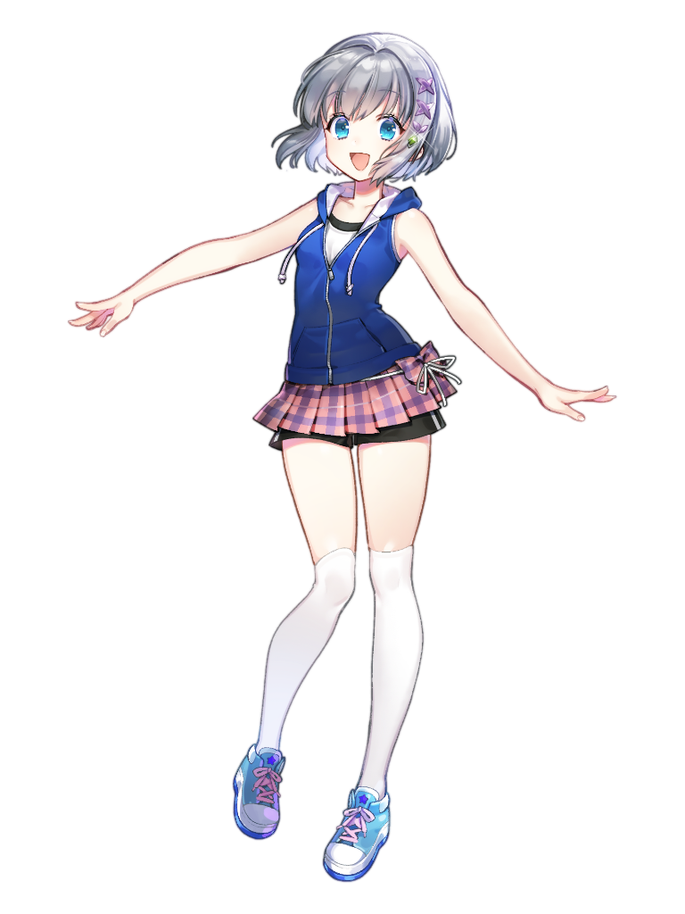 1girl, :d, black_shorts, blue_eyes, blue_jacket, blue_shoes, breasts, dairoku_ryouhei