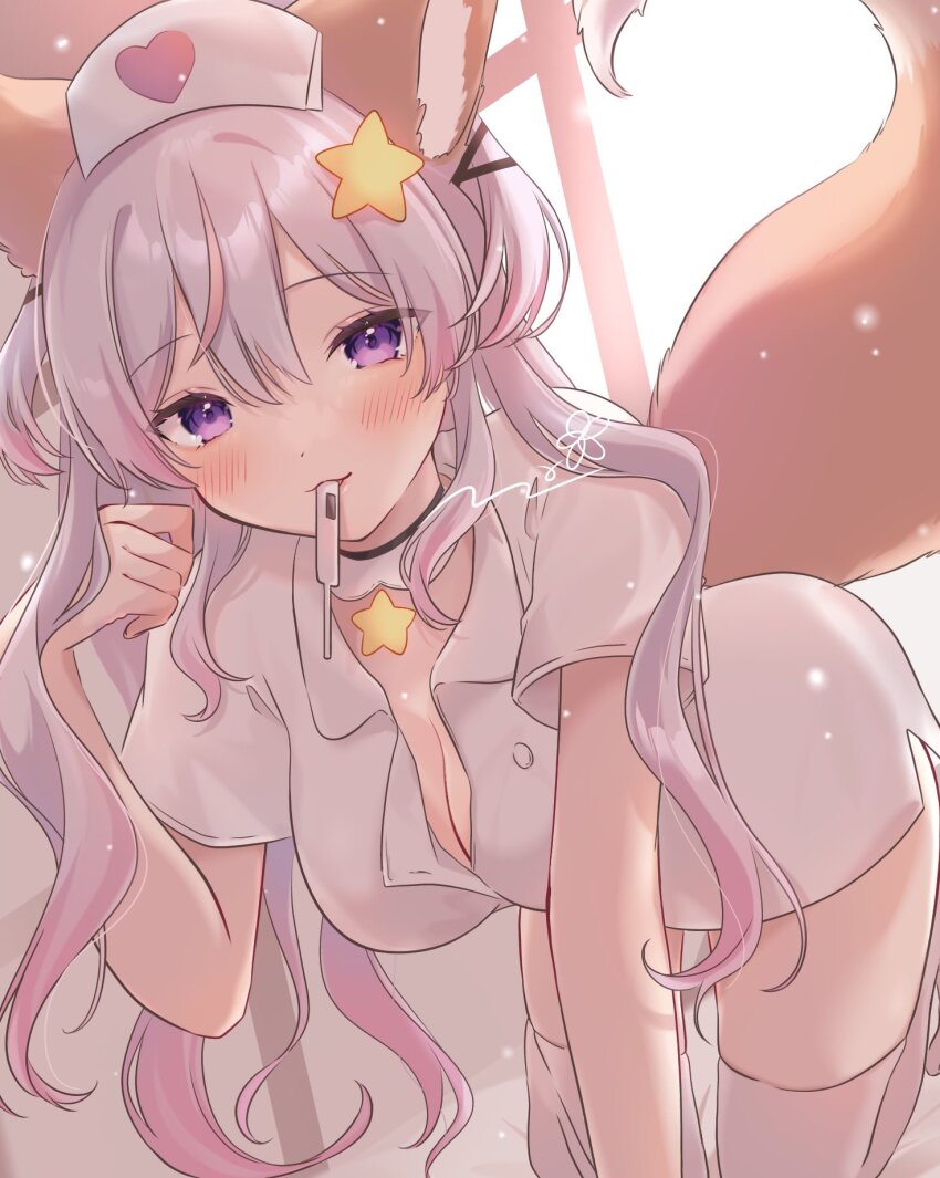 1girl, animal_ears, annytf, blush, breasts, cleavage, commentary, commission, english_commentary, fox_ears, fox_girl, gradient_hair, grey_hair, hair_ornament, hat, heart, highres, indie_virtual_youtuber, long_hair, medium_breasts, momon_mc, mouth_hold, multicolored_hair, nurse, nurse_cap, pink_hair, skeb_commission, solo, star_(symbol), star_hair_ornament, streaked_hair, thighhighs, virtual_youtuber, white_thighhighs