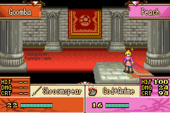 1girl, animated, animated_gif, attack, blonde_hair, chinese_clothes, commentary, crossover, duel, english_commentary, english_text, fire, fire_emblem, goomba, heads-up_display, holding, holding_polearm, holding_weapon, jacket, kung_fu_peach, mario_(series), nintendo, pixel_art, polearm, princess_peach, princess_peach:_showtime!, purple_jacket, spear, sprite, stomping, super_mushroom, tumblr_username, user_interface, vilkalizer, weapon