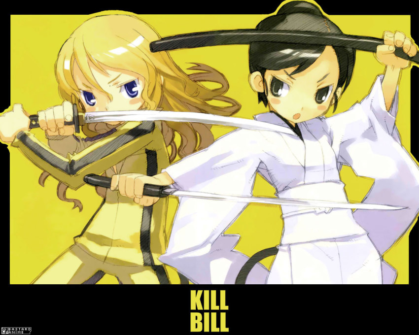 2girls, beatrix_kiddo, black_hair, blonde_hair, bruce_lee's_jumpsuit, japanese_clothes, katana, kill_bill, kimono, kuroboshi_kouhaku, multiple_girls, o-ren_ishii, sword, third-party_edit, weapon