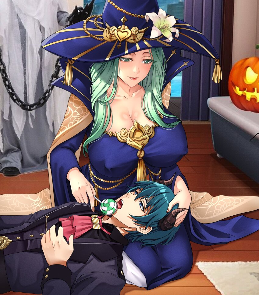 1boy, 1girl, absurdres, blue_hair, breasts, male_byleth_(fire_emblem), male_byleth_(halloween)_(fire_emblem), candy