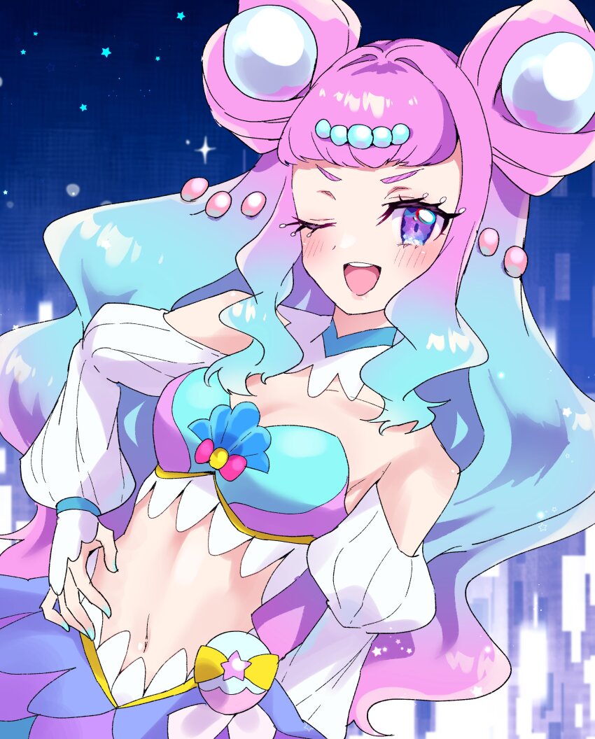 1girl, absurdres, blue_background, blue_eyes, blue_hair, blue_nails, breasts, brooch