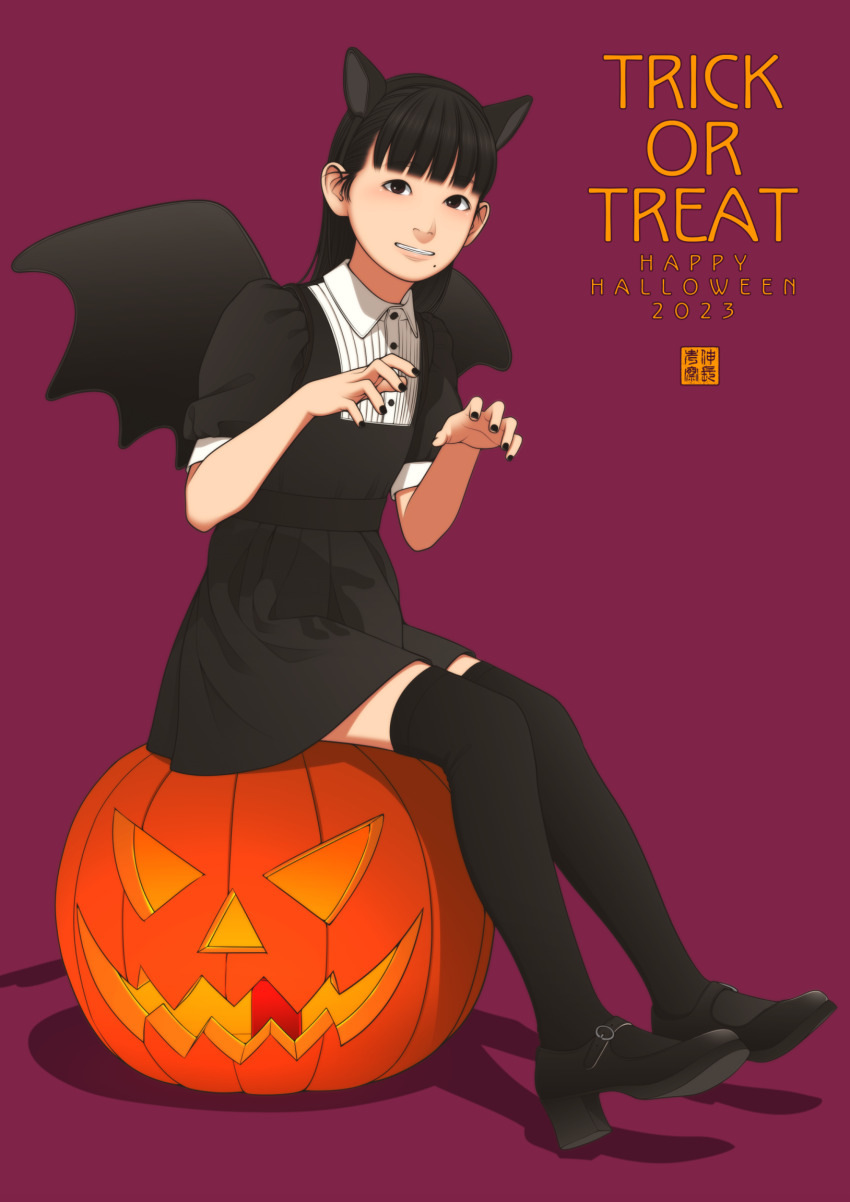 1girl, animal_ears, artist_name, bat_costume, bat_ears, bat_wings, black_dress, black_eyes, black_hairband, black_shoes, black_thighhighs, commentary, dated, dress, english_text, fake_animal_ears, fake_wings, full_body, grin, hairband, halloween_costume, happy_halloween, highres, jack-o'-lantern, looking_at_viewer, mole, mole_under_mouth, original, parted_lips, purple_background, shadow, shinchou_ni_kansuru_kousatsu, shoes, signature, simple_background, sitting, smile, solo, thighhighs, trick_or_treat, two-tone_dress, white_dress, wings