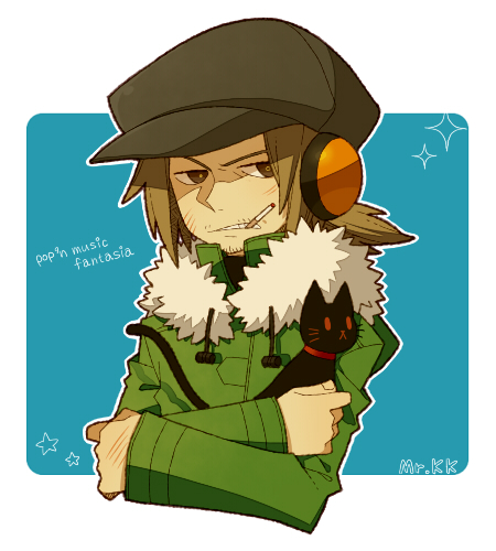 1boy, animal, bemani, black_cat, border, brown_eyes, brown_hair, brown_hat