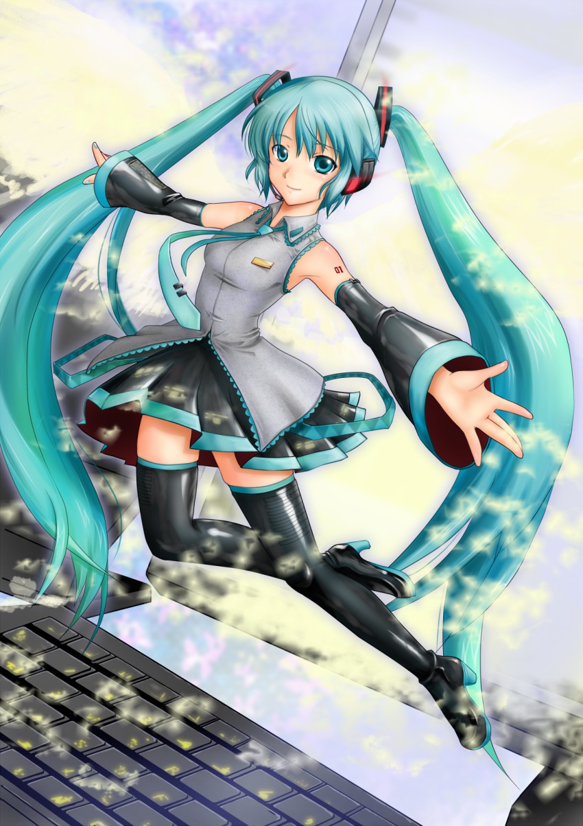 1girl, aqua_eyes, aqua_hair, boots, detached_sleeves, female_focus, full_body, haneori