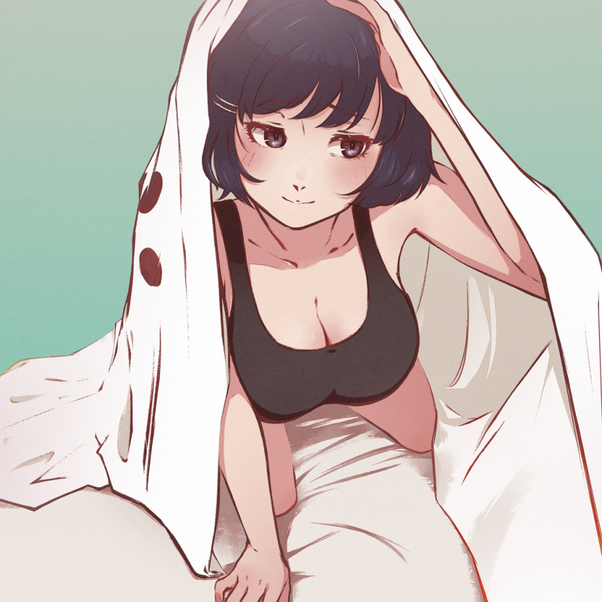 1girl, all_fours, arm_support, black_hair, black_shirt, breasts, cleavage, closed_mouth, collarbone, commentary, english_commentary, hair_ornament, hairclip, hanekawa_tsubasa, large_breasts, looking_to_the_side, monogatari_(series), monokarumaru, nekomonogatari, purple_eyes, shirt, short_hair, smile, solo