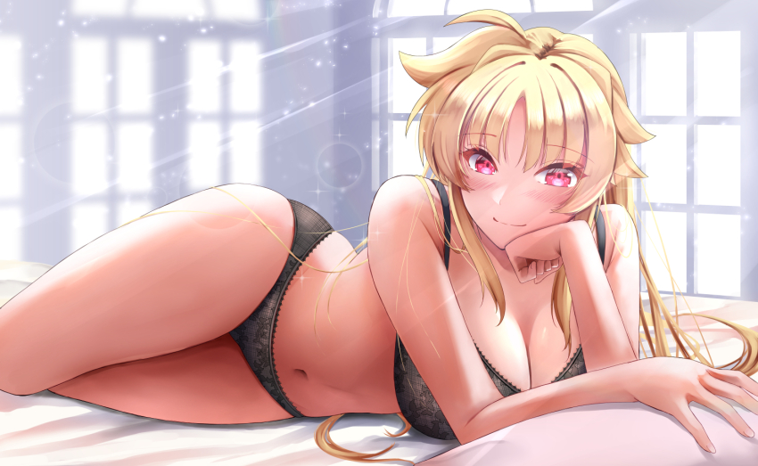 1girl, bare_shoulders, black_bra, black_panties, blonde_hair, bra, breasts, closed_mouth