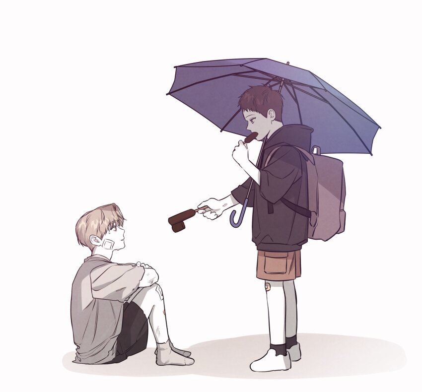 2boys, backpack, baek_dohu, bag, bandage_on_face, bandage_on_knee, bandages, between_the_lines, black_hair, black_hoodie, blonde_hair, child, dirty, dirty_clothes, food, giving_food, highres, hodot_01, holding, holding_food, holding_ice_cream, hood, hoodie, ice_cream, korean_commentary, looking_at_another, multiple_boys, seo_juheon, short_hair, simple_background, socks, white_background