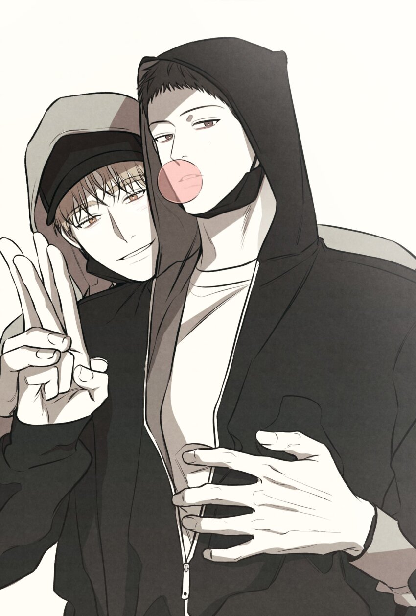 2boys, baek_dohu, between_the_lines, black_hair, black_headwear, black_hoodie, blonde_hair, brown_eyes