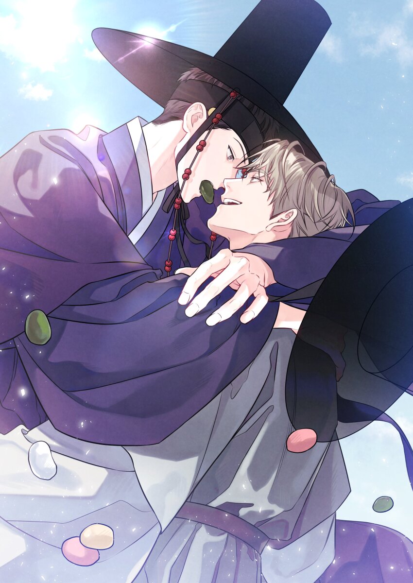 2boys, absurdres, baek_dohu, between_the_lines, black_hair, blonde_hair, blue_sky, chuseok