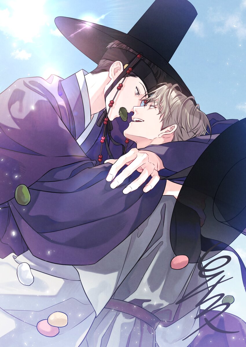 2boys, absurdres, baek_dohu, between_the_lines, black_hair, blonde_hair, blue_sky, chuseok