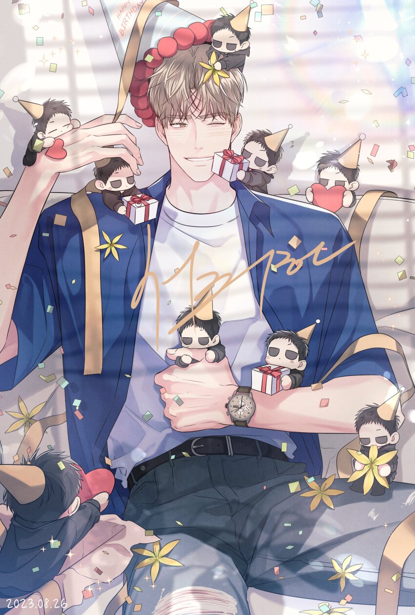 2boys, absurdres, baek_dohu, belt, between_the_lines, black_belt, black_hoodie, blonde_hair