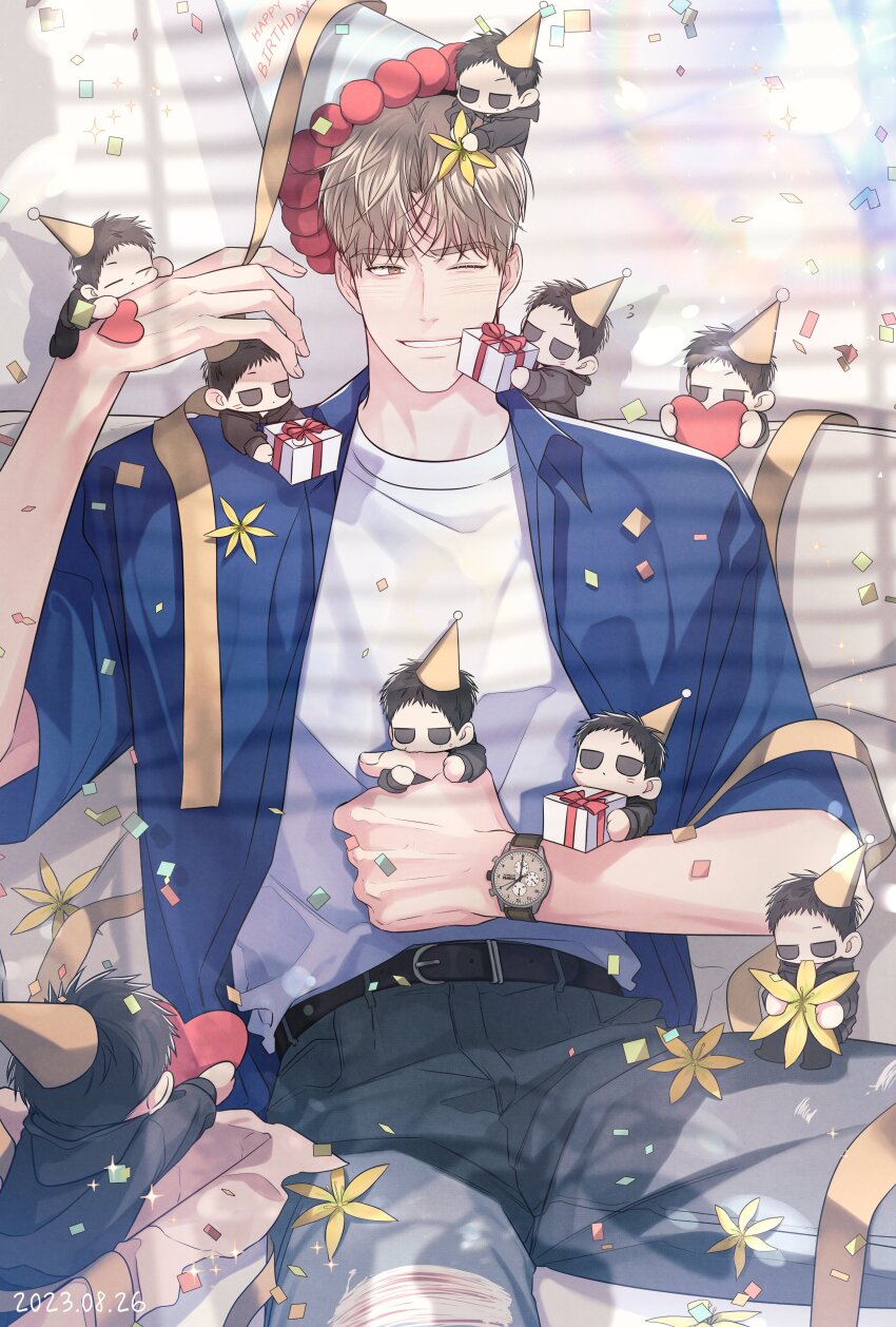 2boys, absurdres, baek_dohu, belt, between_the_lines, black_belt, black_hoodie, blonde_hair