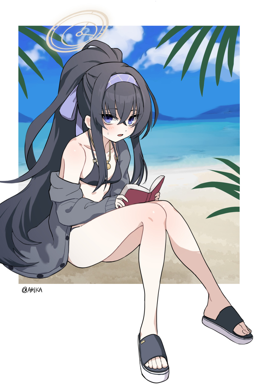 1girl, arikacoco, bags_under_eyes, beach, bikini, black_bikini, black_hair, blue_archive