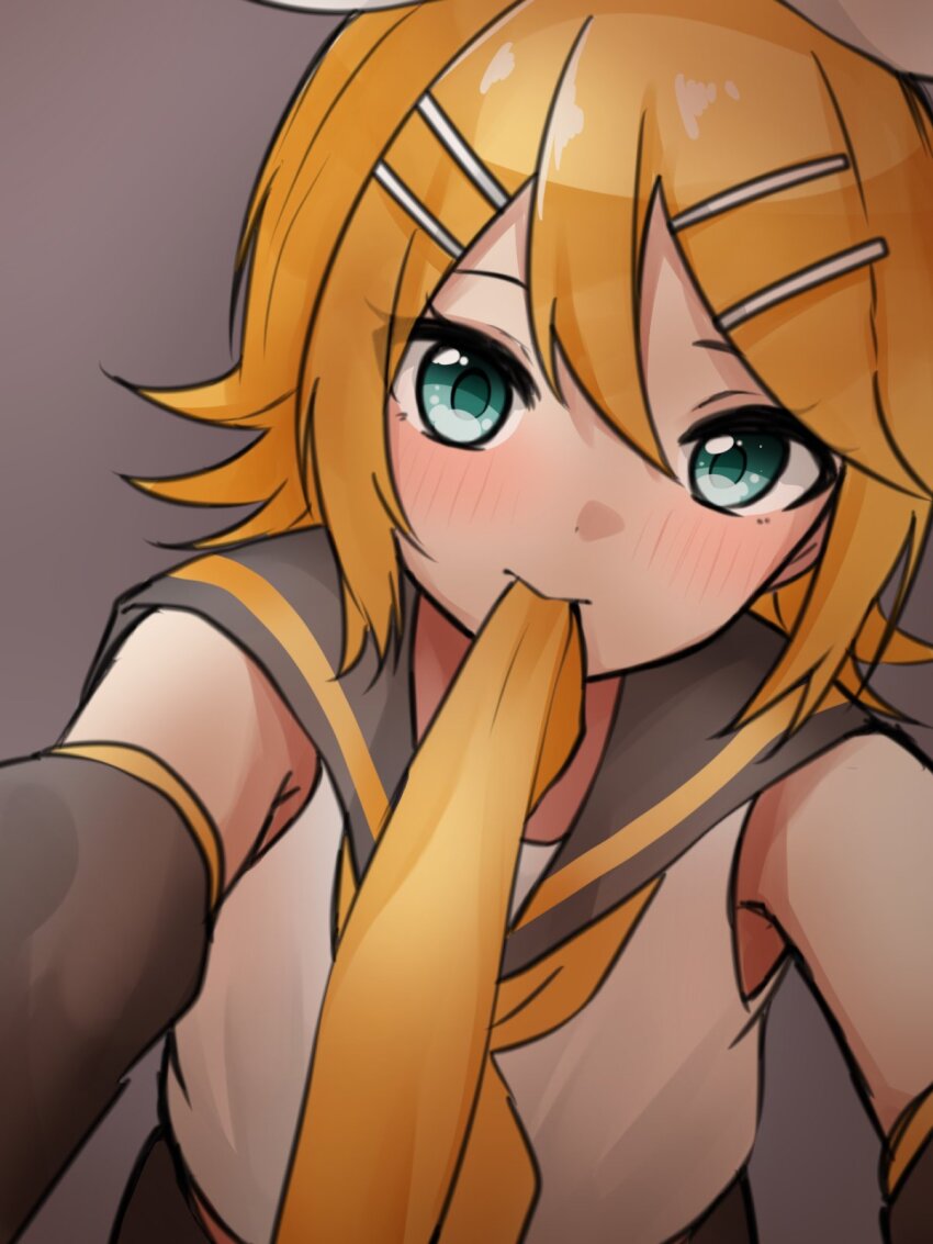 1girl, aqua_eyes, armpits, bare_shoulders, blonde_hair, blush, bow, detached_sleeves, eshe_mr, eyelashes, foreshortening, hair_bow, hair_ornament, hairclip, head_tilt, highres, kagamine_rin, looking_at_viewer, mouth_hold, neckerchief, necktie, reaching, reaching_towards_viewer, sailor_collar, shirt, short_hair, shorts, sleeveless, sleeveless_shirt, smile, solo, tsurime, vocaloid, white_bow, white_shirt, yellow_neckerchief, yellow_necktie