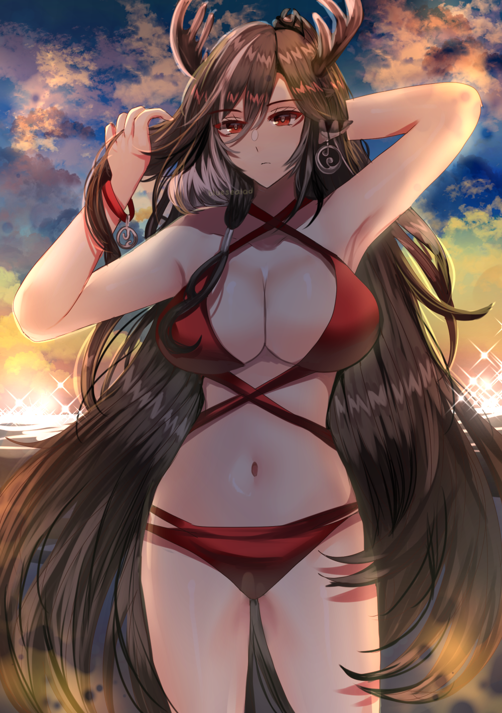 1girl, alternate_costume, animal_ears, antlers, arknights, arms_up, beach, bikini