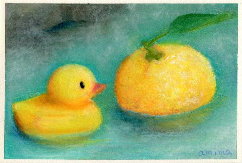 amima_amita, artist_name, food, fruit, leaf, no_humans, orange_(fruit), original, painting_(medium), pastel_(medium), rubber_duck, signature, traditional_media, water