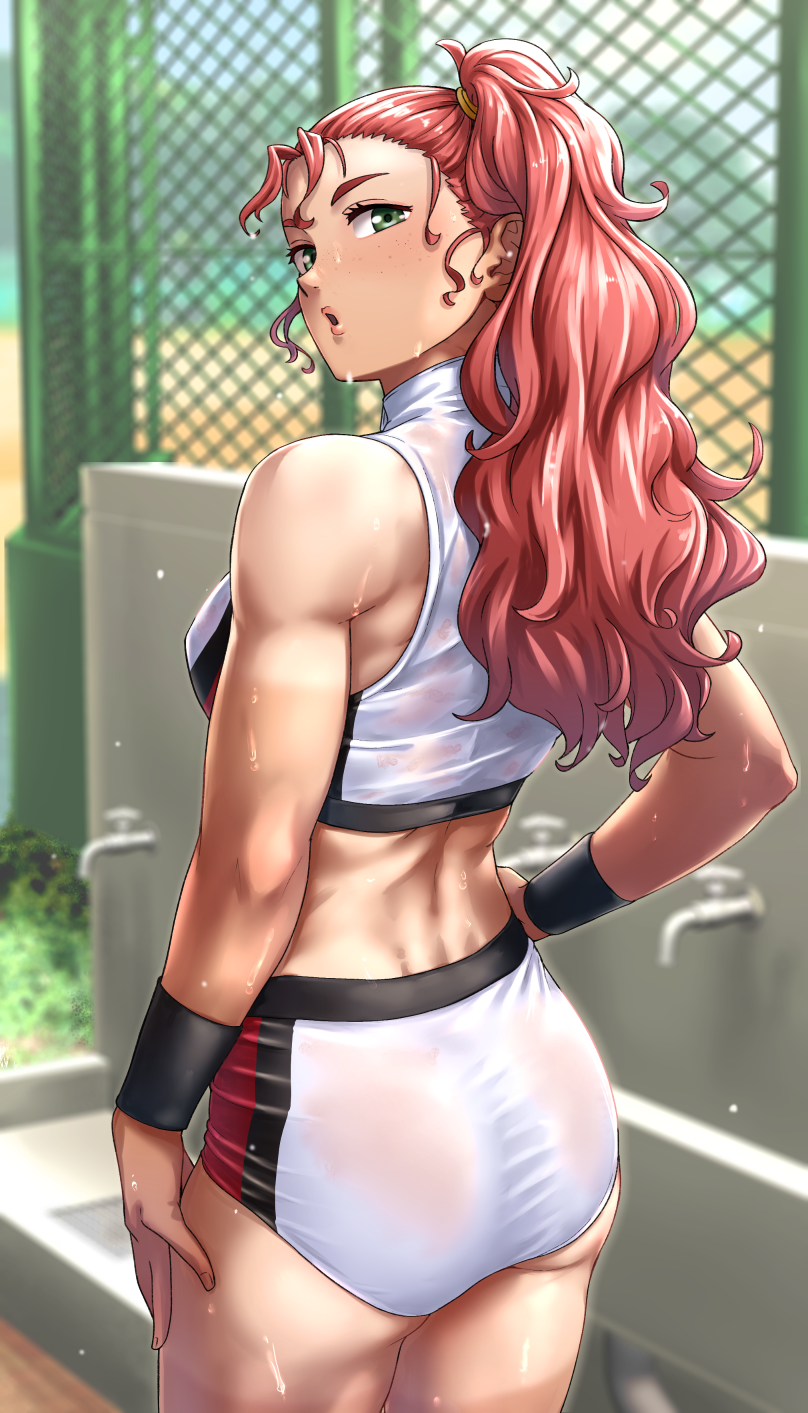 1girl, ass, buruma, check_commentary, commentary, commentary_request, curly_hair, day