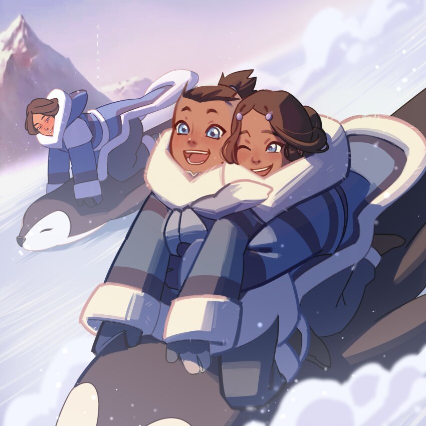 1boy, 2girls, absurdres, aged_down, animal, artist_name, avatar:_the_last_airbender, avatar_legends