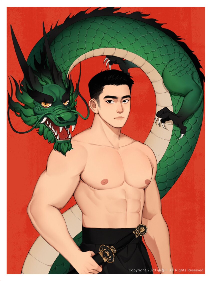 1boy, abs, bara, bare_pectorals, black_eyes, black_hair, black_pants, chioneoc