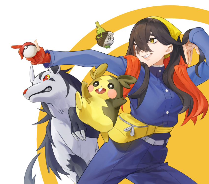 1girl, black_hair, blue_jacket, blue_pants, carmine_(pokemon), crossed_bangs, fanny_pack, gen_3_pokemon