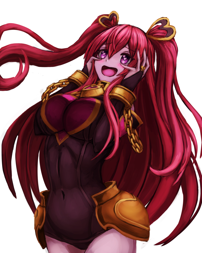 1girl, black_gloves, black_leotard, blush, breasts, bridal_gauntlets, chain, collar, covered_navel, cuffs, cuffs-to-collar, curvy, elbow_gloves, gloves, hair_between_eyes, hair_ornament, hands_on_own_cheeks, hands_on_own_face, heart, heart-shaped_pupils, heart_hair_ornament, heart_print, highres, impossible_clothes, impossible_leotard, it's_all_shamiko's_fault_(meme), kuka_(princess_connect!), large_breasts, leotard, long_hair, meme, metal_collar, narrow_waist, niziko, open_mouth, pink_hair, princess_connect!, print_leotard, purple_eyes, sidelocks, simple_background, skin_tight, smile, solo, symbol-shaped_pupils, two_side_up, white_background, wide_hips