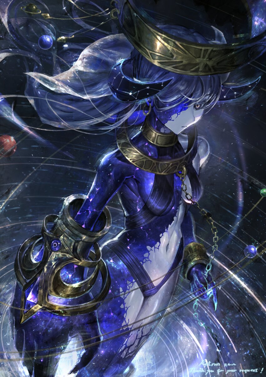 1girl, absurdres, asymmetrical_arms, blue_eyes, blue_hair, blue_skin, bracelet, breasts