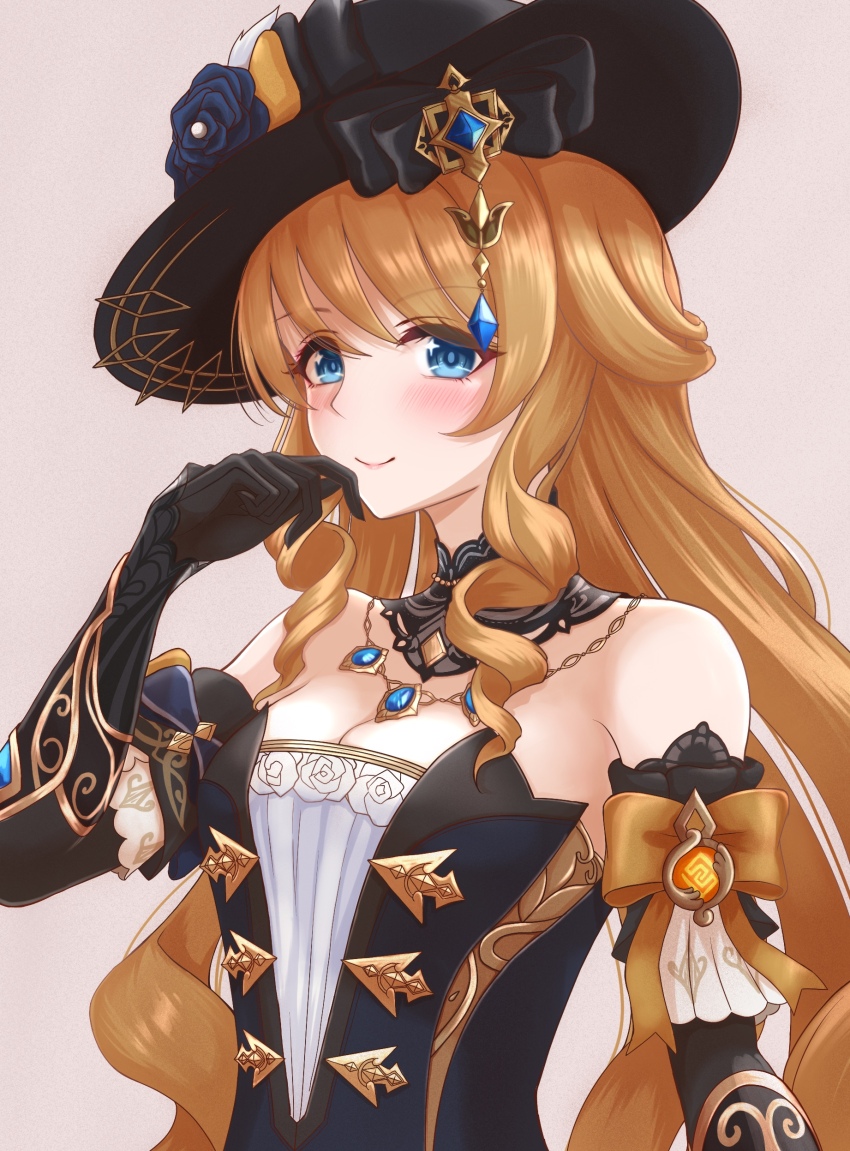 1girl, absurdres, black_collar, black_dress, black_gloves, black_headwear, blonde_hair, blue_eyes