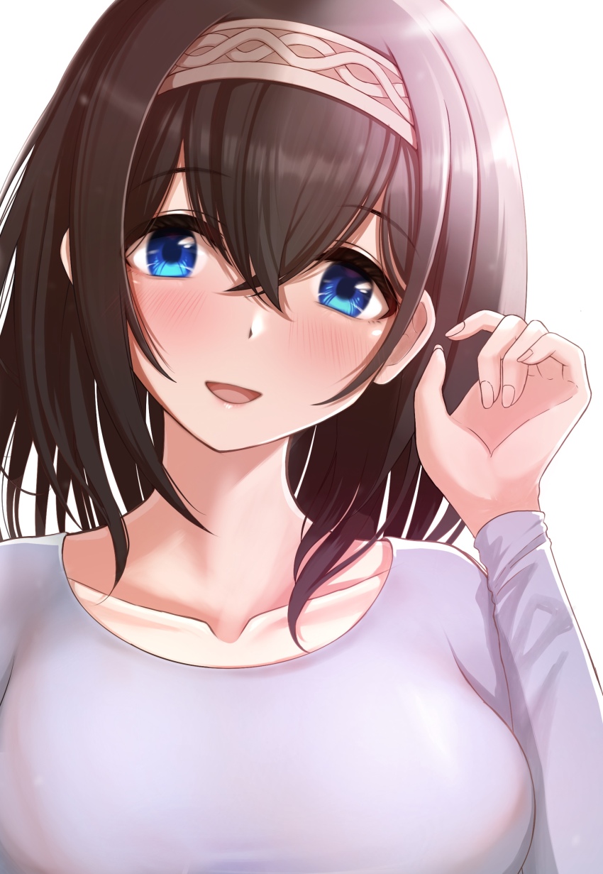 1girl, absurdres, black_hair, blue_eyes, blush, breasts, commentary, facing_viewer