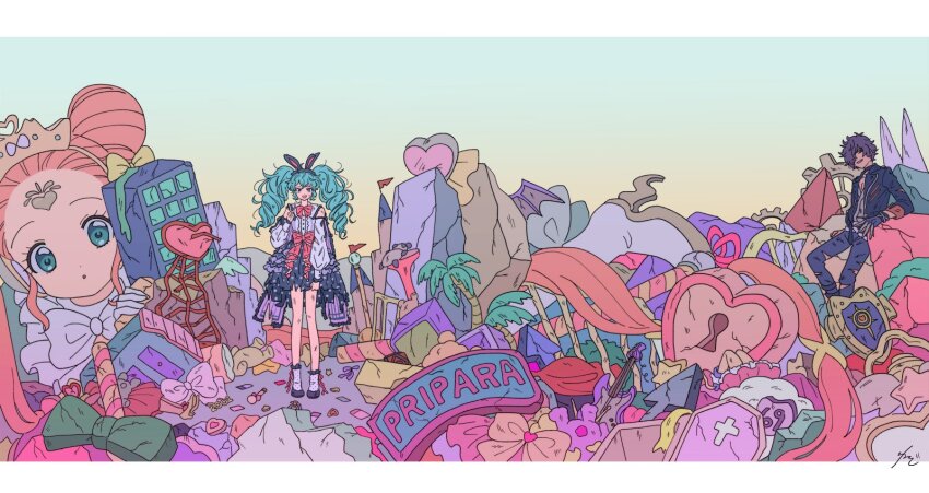 1boy, 4girls, :o, animal_ears, black_hairband, black_jacket, blue_eyes, blue_hair