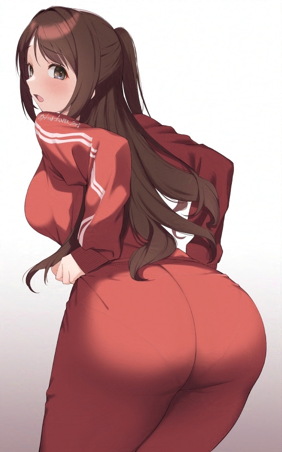 1girl, ass, blush, breasts, brown_eyes, brown_hair, gym_uniform, idolmaster