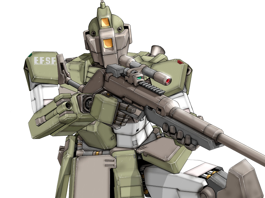 aron_e, commentary, earth_federation_space_forces, finger_on_trigger, gm_sniper_custom, gun, gundam, gundam_msv
