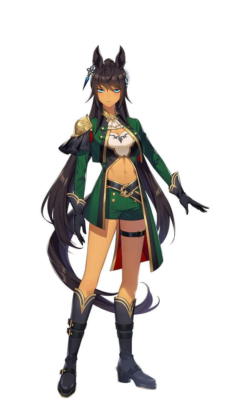 1girl, animal_ears, black_hair, blue_eyes, boots, breasts, cleavage, dark-skinned_female