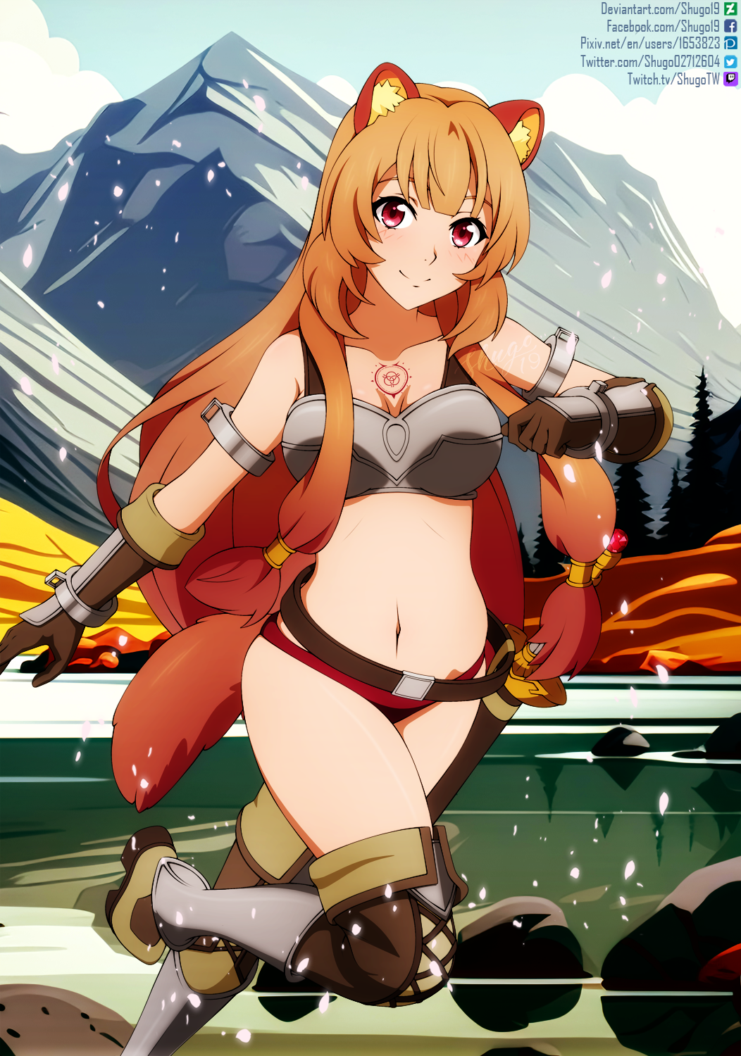1girl, animal_ear_fluff, animal_ears, armor, artist_name, bare_shoulders, belt, bikini_armor, blush, boots, breastplate, breasts, brown_belt, brown_gloves, brown_hair, cleavage, closed_mouth, cloud, collarbone, commentary, cuffs, day, elbow_gloves, english_commentary, full_body, german_commentary, gloves, hair_ornament, hair_tubes, highres, knee_boots, leather, leather_boots, long_hair, looking_at_viewer, medium_breasts, metal_hair_tubes, midriff, mixed-language_commentary, mountain, navel, outdoors, panties, raccoon_ears, raccoon_girl, raccoon_tail, raphtalia, red_eyes, red_panties, scabbard, sheath, shugo19, sky, smile, solo, standing, stomach, swimsuit, tail, tate_no_yuusha_no_nariagari, thighs, underwear, watermark, weapon
