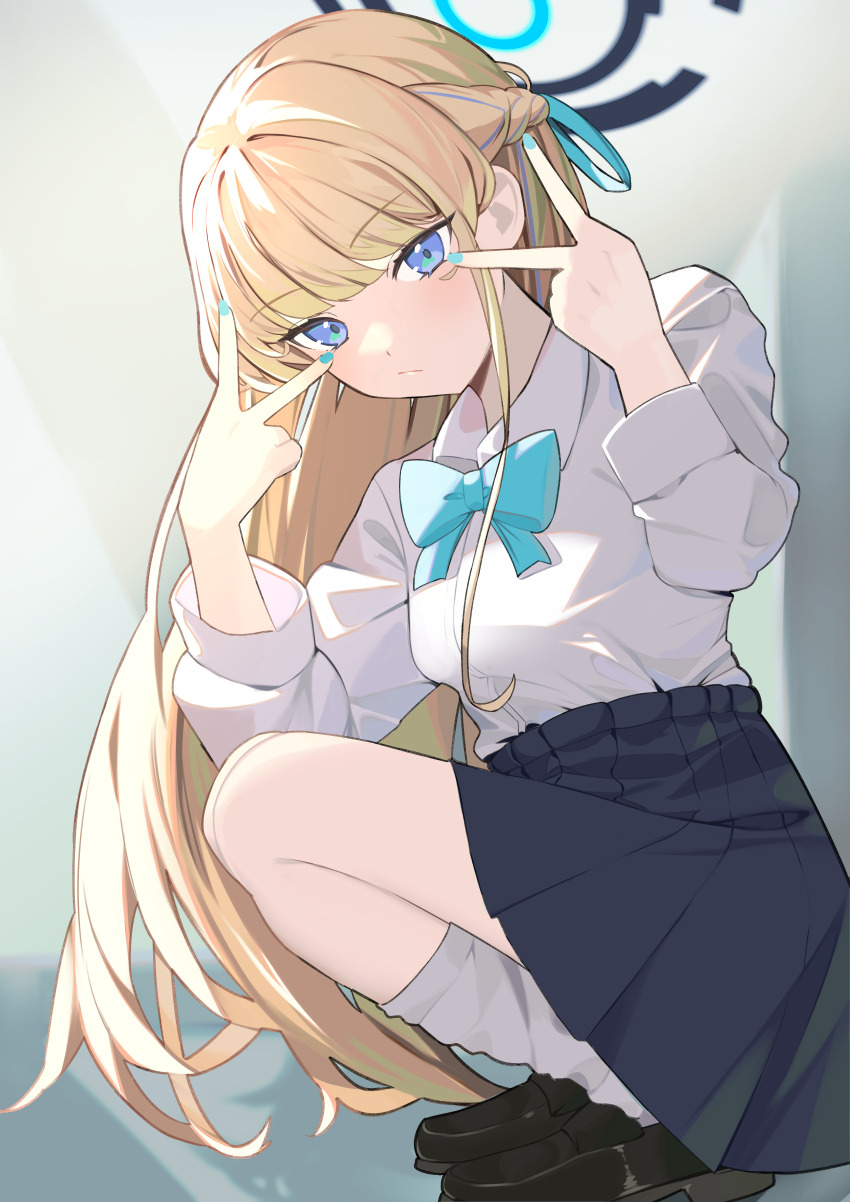 1girl, absurdres, black_skirt, blonde_hair, blue_archive, blue_eyes, bow, bowtie