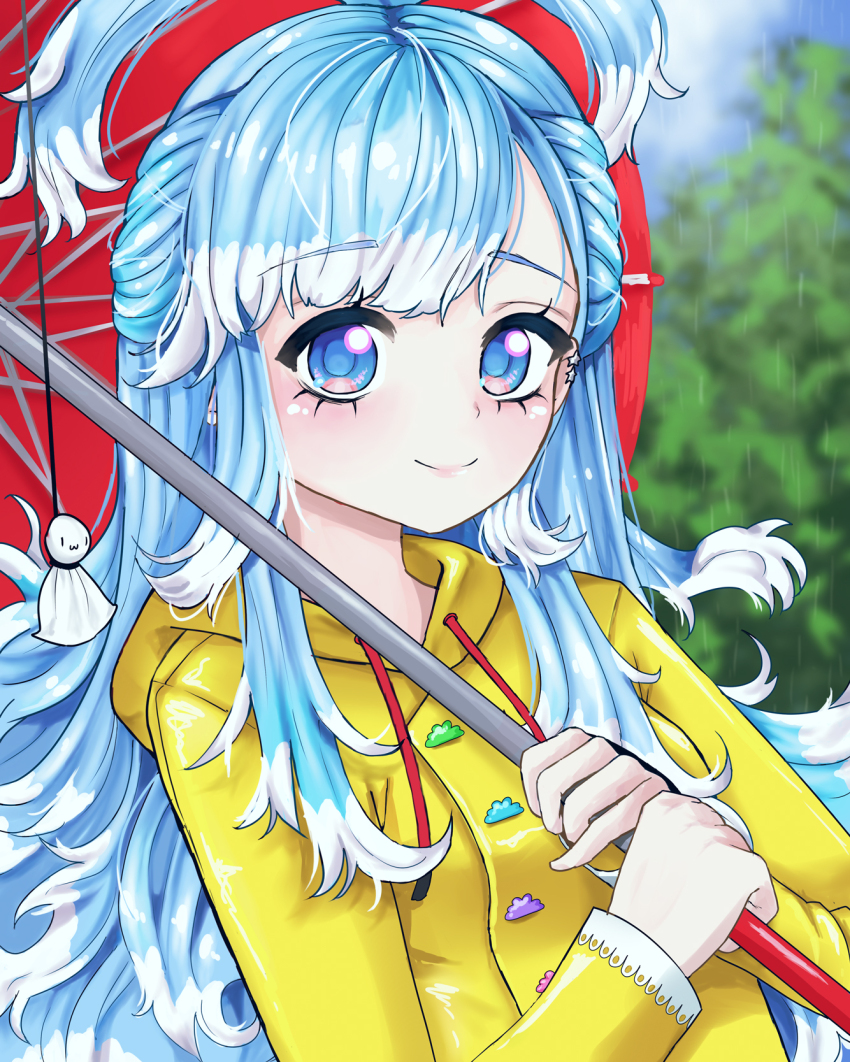 1girl, blue_eyes, blue_hair, blush, eyelashes, highres, holding, holding_umbrella