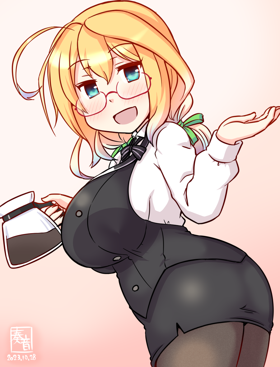 1girl, ahoge, aoyama_blue_mountain, aoyama_blue_mountain_(cosplay), black_pantyhose, black_skirt, blonde_hair, blue_eyes, blush, breasts, coffee_pot, collared_shirt, cosplay, cowboy_shot, gochuumon_wa_usagi_desu_ka?, gradient_background, i-8_(kancolle), kanon_(kurogane_knights), kantai_collection, large_breasts, looking_at_viewer, low_twintails, one-hour_drawing_challenge, open_mouth, pantyhose, pencil_skirt, pink_background, red-framed_eyewear, shirt, skirt, smile, solo, twintails, vest, waitress, white_shirt