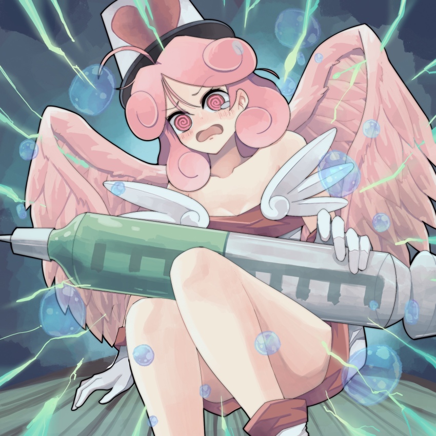 1girl, @_@, ahoge, bare_shoulders, blush, bubble, collarbone, commission, dress, duel_monster, feathered_wings, gloves, hat, highres, holding, holding_syringe, injection_fairy_lily, open_mouth, oversized_object, pink_eyes, pink_hair, pink_wings, pixiv_commission, sitting, solo, syringe, tamatarou, white_gloves, wings, yu-gi-oh!