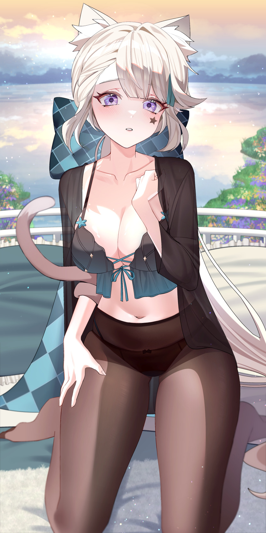 1girl, absurdres, alternate_costume, animal_ears, aqua74286, aqua_bow, asymmetrical_bangs, black_panties, black_pantyhose, blonde_hair, blush, bow, breasts, cat_ears, cat_girl, cat_tail, cloud, collarbone, cross-laced_clothes, cross-laced_top, facial_mark, full_body, genshin_impact, grass, hand_on_own_thigh, hand_up, highres, huge_bow, kneeling, lake, large_breasts, light_particles, lingerie, long_hair, lynette_(genshin_impact), multicolored_hair, navel, orange_sky, outdoors, panties, pantyhose, parted_lips, purple_eyes, sky, sleepwear, solo, star_(symbol), star_facial_mark, star_tattoo, stomach, streaked_hair, tail, tattoo, underwear