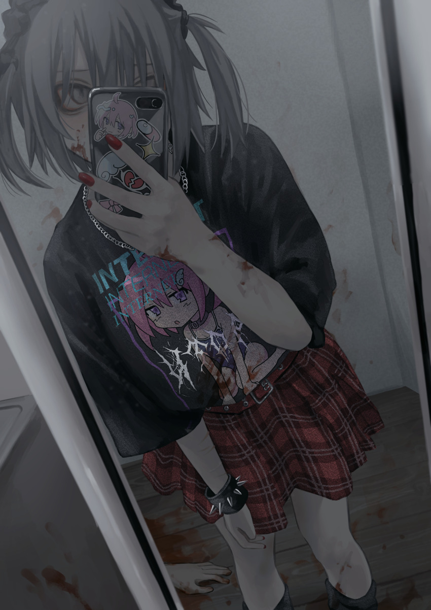 1girl, 1other, absurdres, bags_under_eyes, belt, black_bow, black_footwear, black_shirt