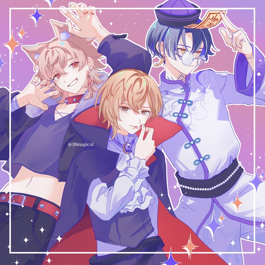 1nm8_(paradox_live), 3boys, absurdres, alternate_costume, animal_ears, black_hair, blood, blood_on_face