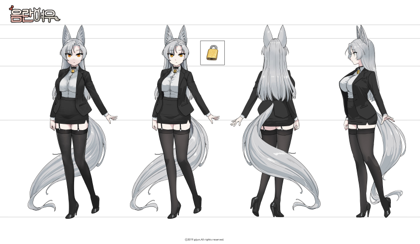 1girl, absurdres, animal_ear_fluff, animal_ears, arm_at_side, artist_name, belt_collar, black_footwear, black_jacket, black_skirt, black_thighhighs, breasts, buttons, reference_sheet, closed_mouth, clothing_cutout, collar, collared_shirt, commission, dated, eun_soyeon_(lustyfox), expressionless, female_focus, formal_clothes, fox_ears, fox_girl, fox_tail, from_behind, from_side, full_body, garter_straps, gijun, grey_hair, high-waist_skirt, high_heels, highres, jacket, large_breasts, legs, lock, long_hair, long_sleeves, looking_at_viewer, miniskirt, mole, mole_under_eye, multiple_views, open_clothes, open_jacket, orange_eyes, original, padlock, pencil_skirt, pocket, profile, shirt, shirt_tucked_in, shoes, side_slit, sidelocks, simple_background, skirt, skirt_suit, slit_pupils, standing, suit, tail, tail_through_clothes, thighhighs, watermark, white_background, white_shirt, zettai_ryouiki