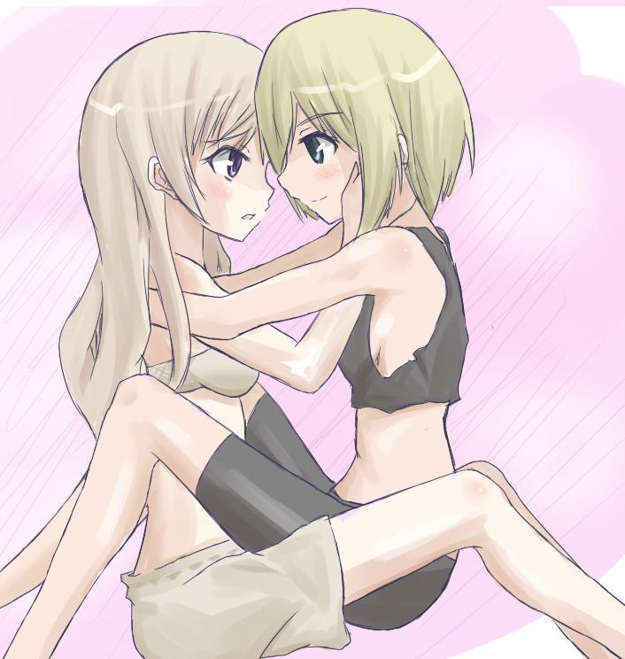 2girls, blonde_hair, blue_eyes, eila_ilmatar_juutilainen, erica_hartmann, eye_contact, hakusen-hiki, looking_at_another