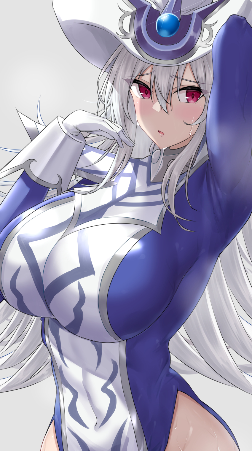 1girl, absurdres, arm_up, blue_dress, blush, breasts, clothing_cutout, covered_armpit