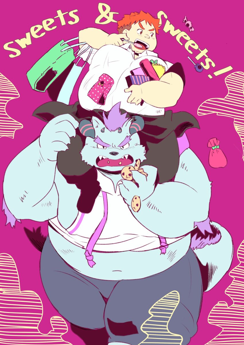 2boys, bara, behemoth_(housamo), belly, blue_fur, brown_eyes, candy, carrying, clothes_around_waist, cookie, demon_horns, fat, fat_man, food, furry, furry_male, highres, hood, hoodie, horns, jacket, jacket_around_waist, lollipop, male_focus, maru_(maru_707), multiple_boys, obese, orange_hair, pants, piggyback, purple_hair, school_uniform, sleeveless, sleeveless_hoodie, tail, thick_eyebrows, tokyo_houkago_summoners, yakushimaru_ryota