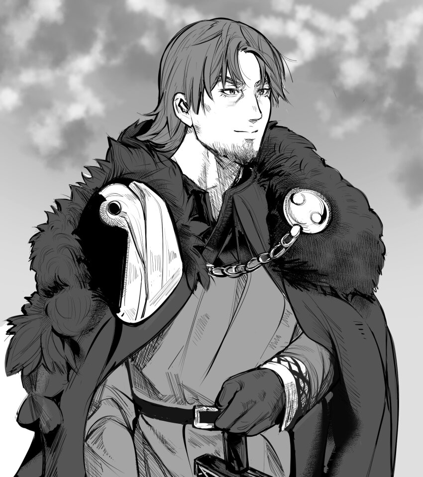 1boy, beard, belt, buckle, canutie, cloak, closed_mouth, edmund_ironside