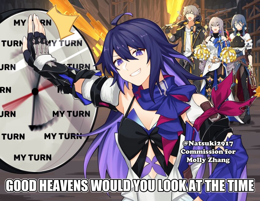 1boy, 3girls, ahoge, armband, bare_shoulders, baseball_bat, black_footwear, black_gloves