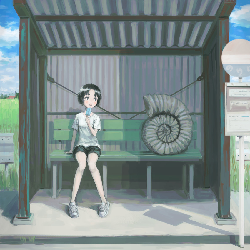 1girl, absurdres, bench, black_eyes, black_hair, black_shorts, blue_sky, bus_stop