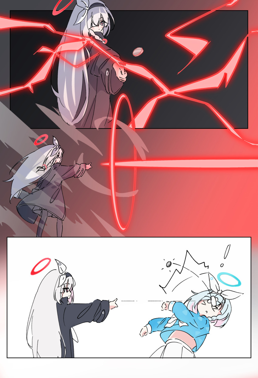 >_<, 2girls, 3koma, absurdres, arona_(blue_archive), blue_archive, blue_hair, coin, comic, grey_hair, highres, multiple_girls, plana_(blue_archive), railgun_(misaka_mikoto), red_lightning, rizuaki, school_uniform, toaru_kagaku_no_railgun, toaru_majutsu_no_index