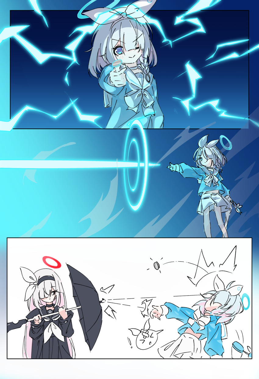>_<, 2girls, 3koma, absurdres, arona_(blue_archive), blue_archive, blue_hair, coin